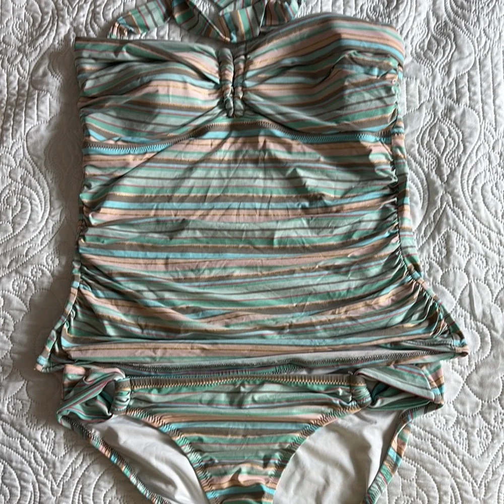 Lands' End Green and Pink Striped Tankini - Picture 1 of 11